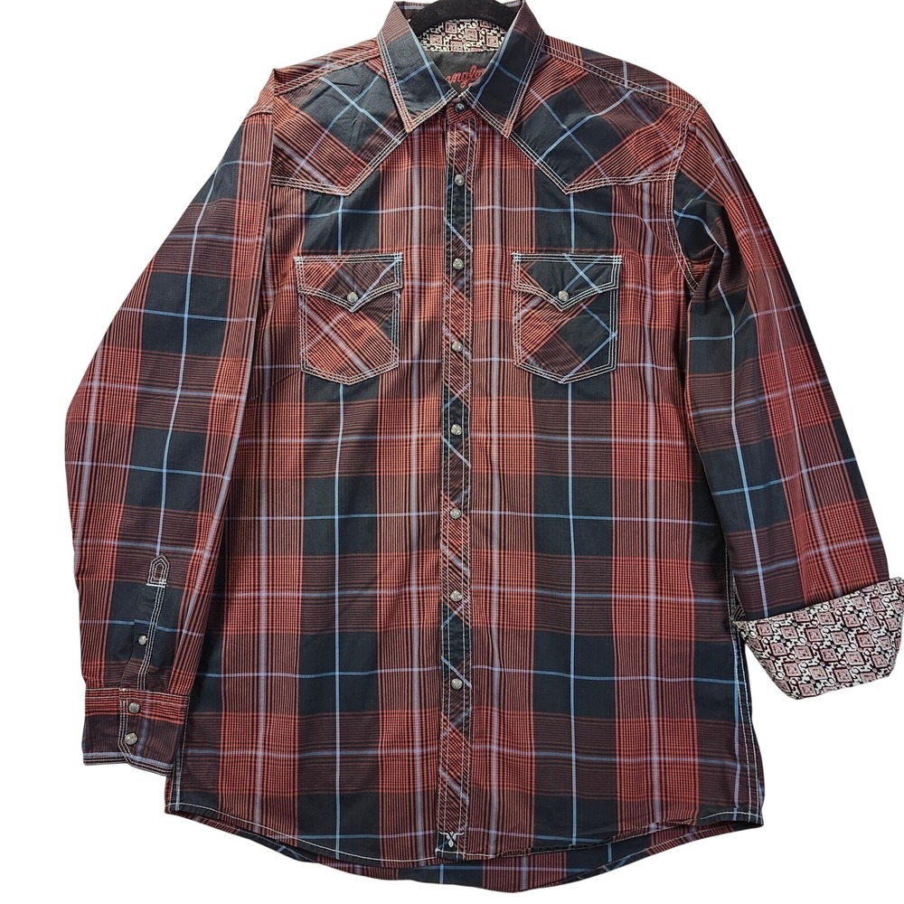 Wrangler‎ 20X Mens LT Plaid Snap Front Western Shirt Red Black Blue